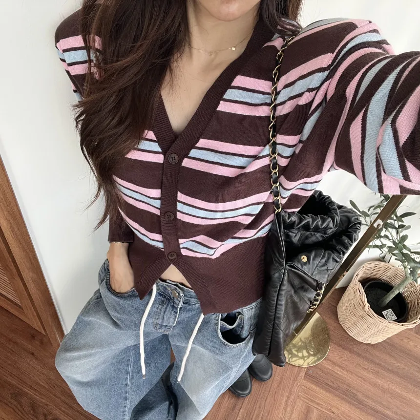 

Early Autumn Color Blo Striped Faionable Versatile Open Cardigan Women's 2025 Sli V-ne Waist-cinching Two-wear Long...