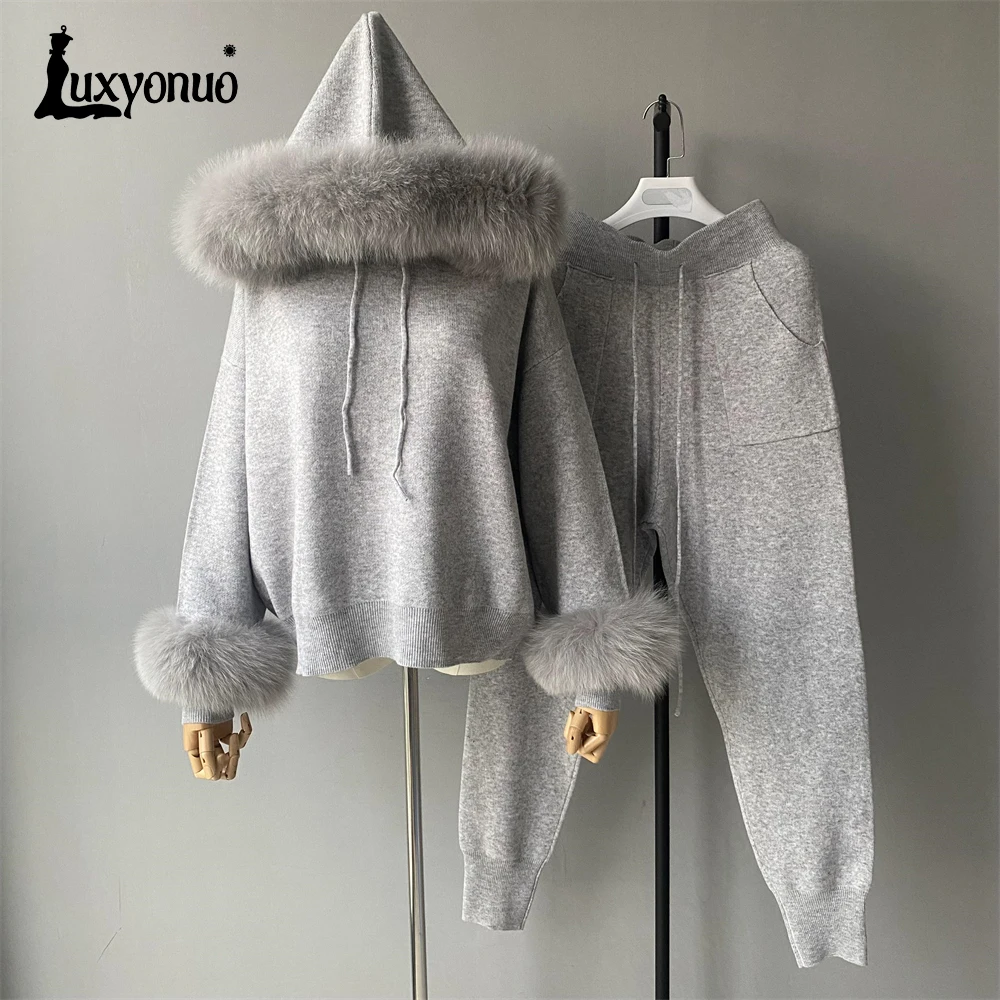 Luxyonuo Women\'s Sweater Set with Real Fox Fur Ladies Autumn Fashion Knit Hooded Tops and Pants Solid Color Pullover Female 2024