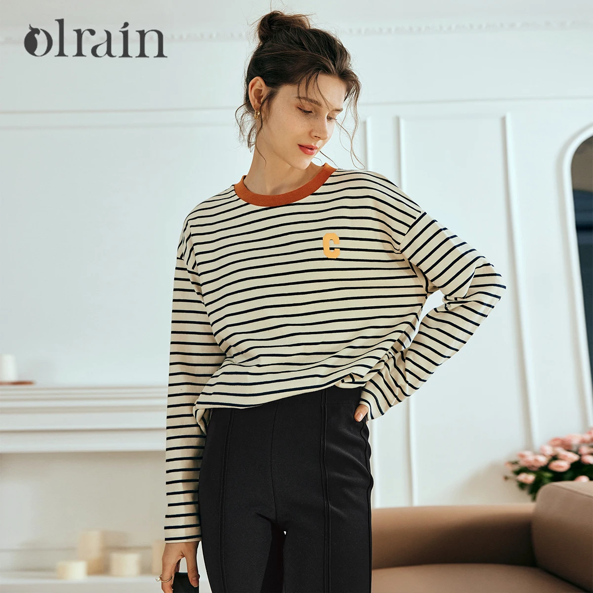 

OLrain полосатые футболки с длинными рукавами, 100% хлопок, 2200, классические свободные офисные женские вязаные удобные топы N56QT69159