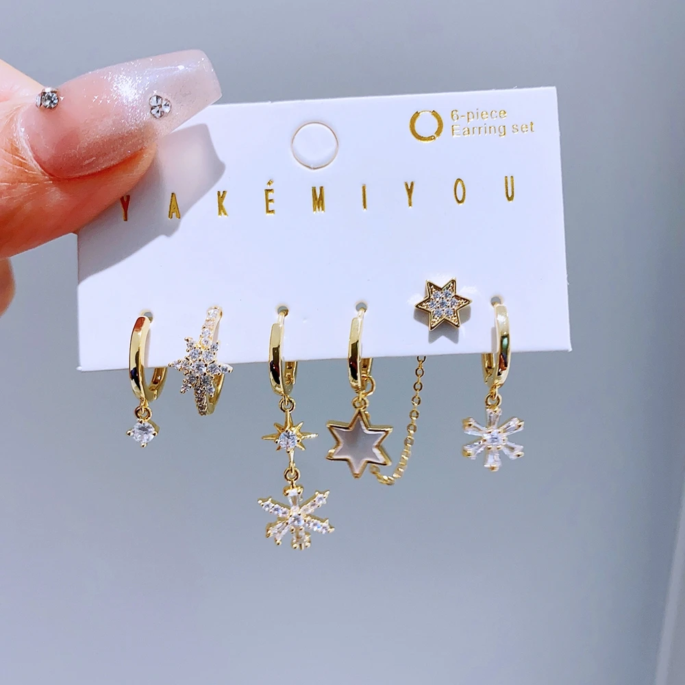 6pcs/set Cubic Zircon Star Snowflake Huggie Earrings Gold Color Women Ear Stack Christmas Gift Jewelry