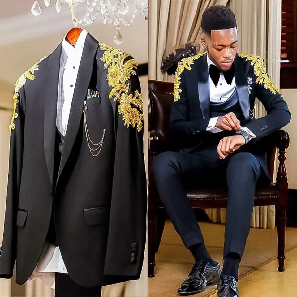 

Luxuly Men Suits 2 Pieces Jacket Pants Shawl Lapel Bead Appliques Groom Wedding Tuxedos Male Prom Ropa Hombre