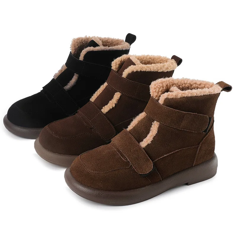 GKTINOO  Snow Boots Women Cow Suede Furry Solid Color Round Toe Hook & Loop Flat With 2024 Winter Lasies Shoes Handmade