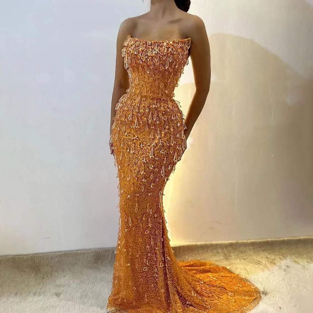 SERENE HILL Customized Arabic Orange Mermaid Strapless Luxury Beaded  Evening Dress Gown  Women Wedding Party 2025 CLA72402