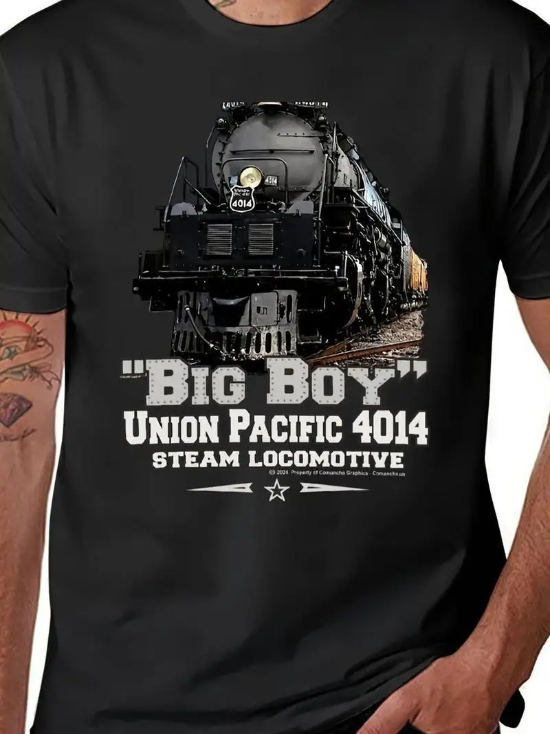 Plus Size Casual Patterned T-Shirt Soft Round Neck Short Sleeve Black Base White Red Steam Locomotive Print Machine Washable Tee