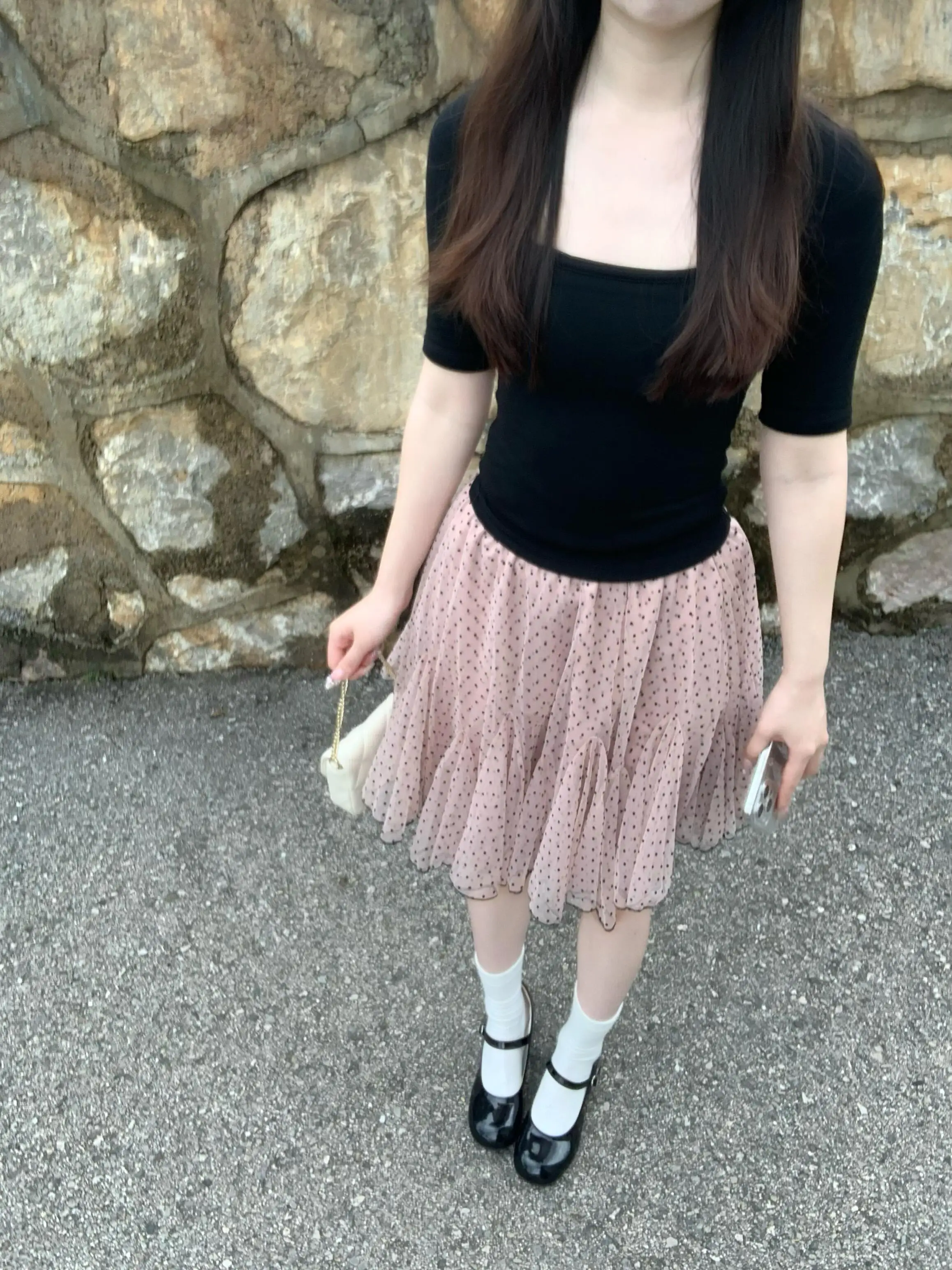 Korean Style U-Neck T-Shirt Pink Polka Dot Half-Skirt Women's Mesh A-Line Skirt Puffy Skirt Set Summer Season High Waist Design