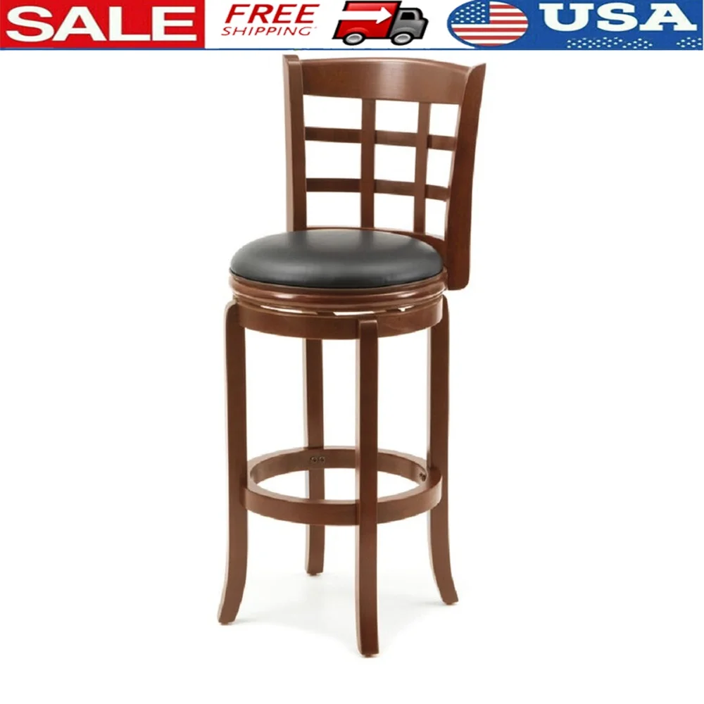 

High Back Swivel Wood Bar Stool Cherry Finish Rubberwood Construction Faux Leather Upholstery 360 Degree Swivel Comfortable