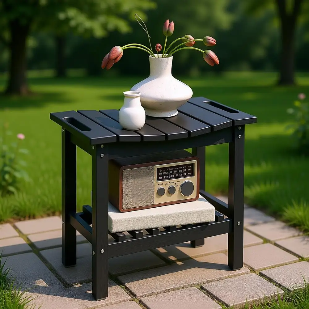 Banco de Ducha de HDPE Negro con Asa, Estante de Almacenamiento, Almohadillas Antideslizantes, Impermeable para Uso en Interiores y Exteriores