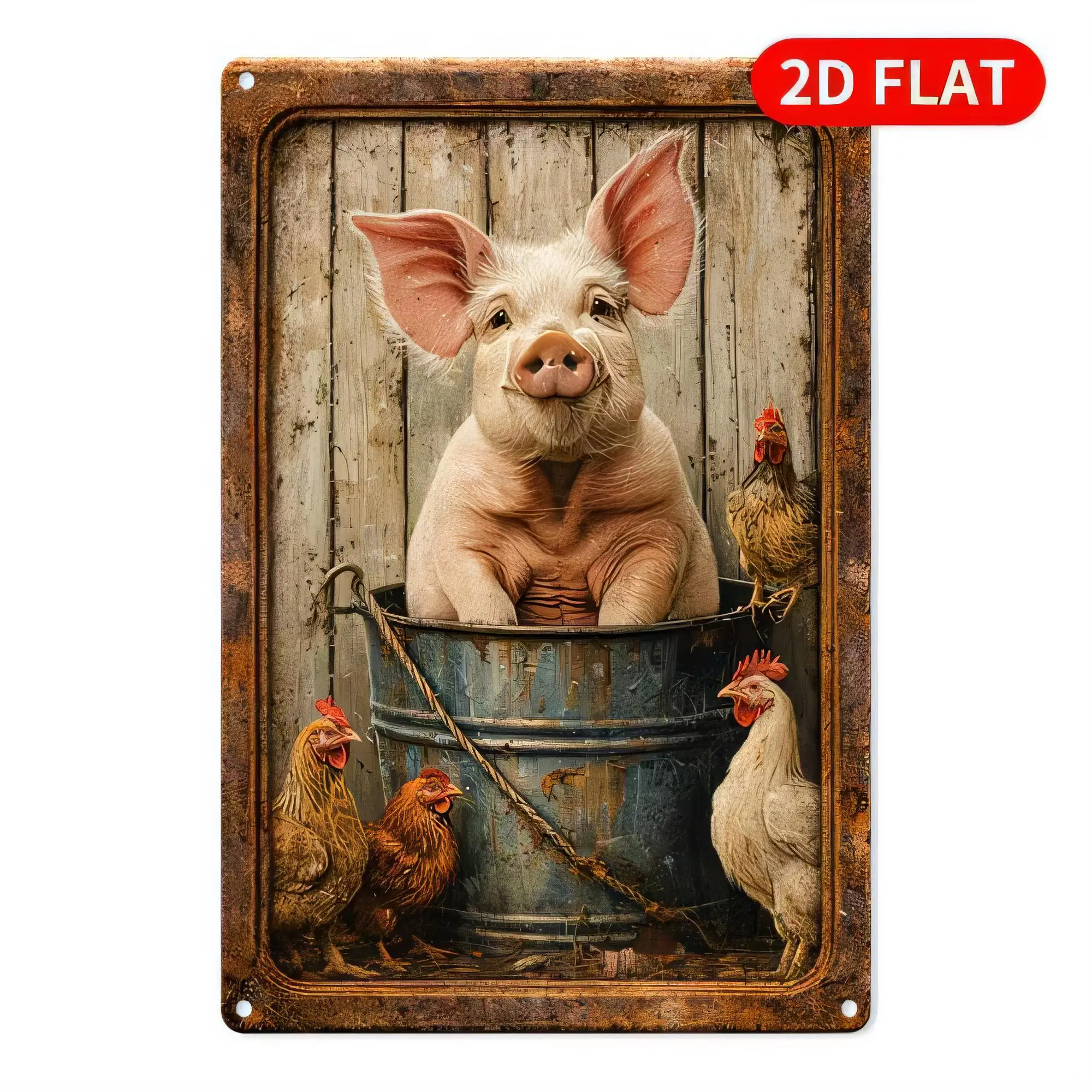 Tin Sign Pig Farm 3D Metal Rustic Wall Decor  Vintage Animal Poster with Chickens Rooster Weathered Look for Barn Shed Garage Ki