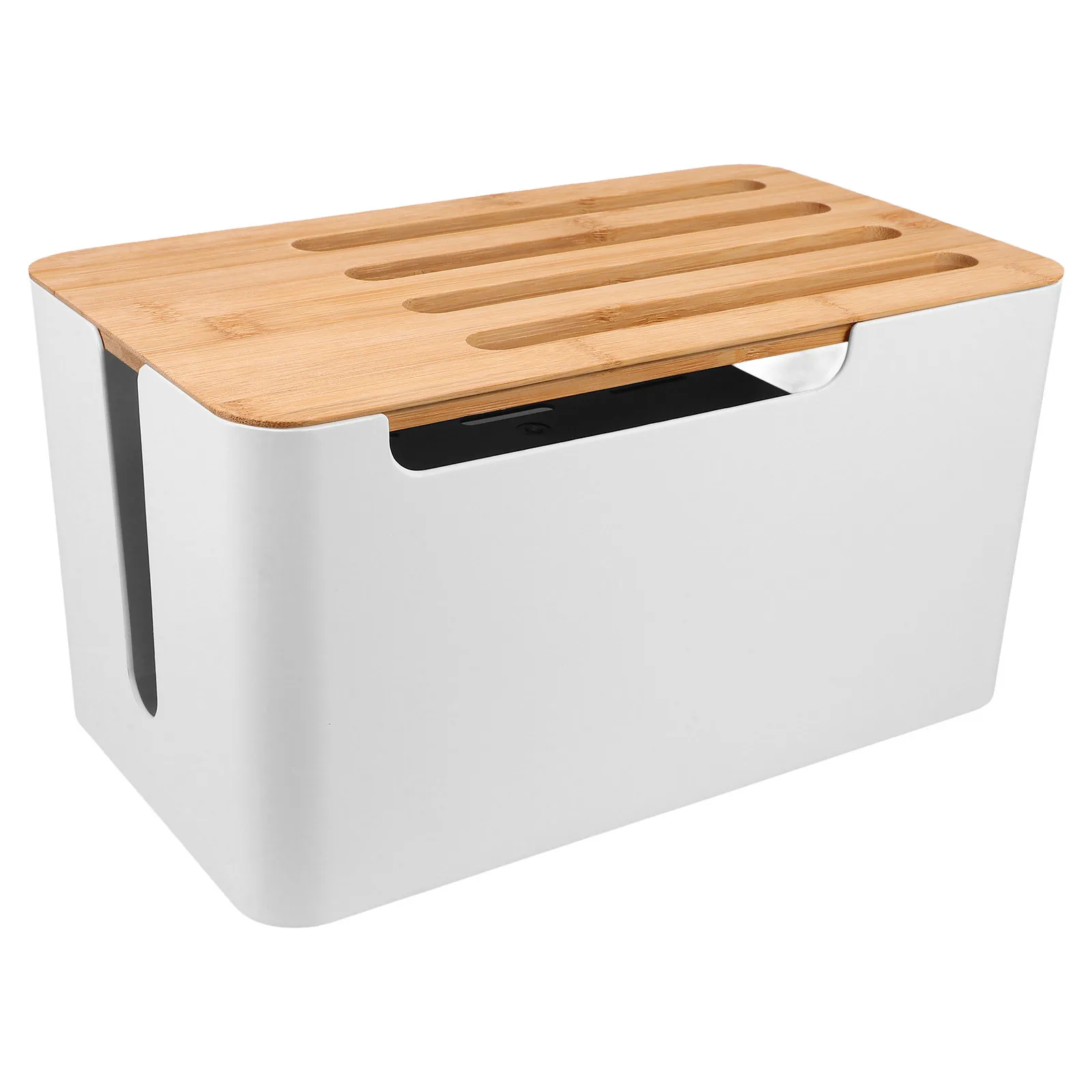 กล่องเก็บสายไฟแบบตั้งโต๊ะพร้อมฝาไม้ไผ่ วัสดุ PP ทนทาน กล่องเก็บสายไฟแบบถอดได้สำหรับจัดเก็บสาย