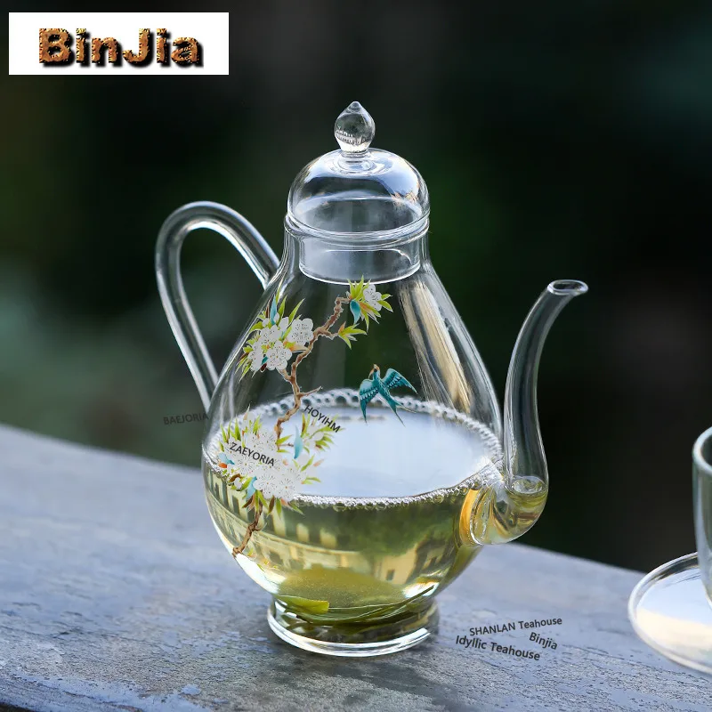 BAEJORIA 450ml Glass Swallow Coming Back Teapot Zen Tea Infuser Pot Household Tea Soaking Kettle With Filter Tea Items Craft