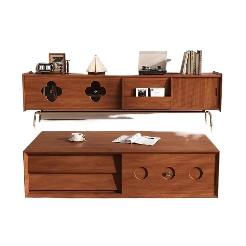 Medieval Solid Wood TV Cabinet Coffee Table High End American Retro Living Room Storage Floor Cabinet for Small Apartment