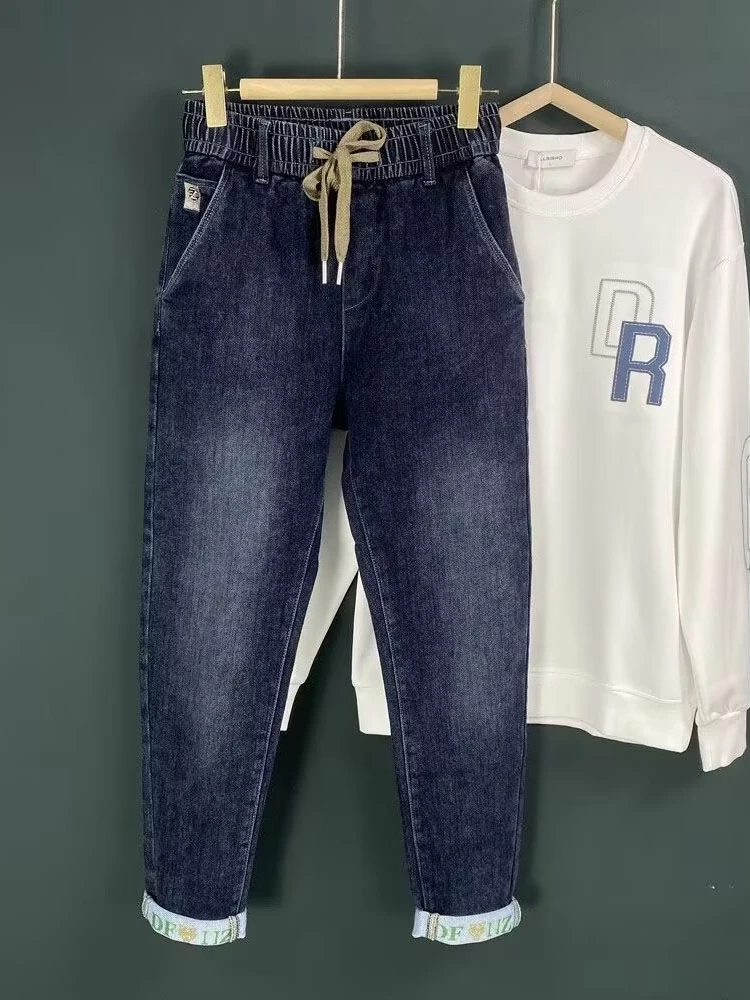 

Casual Cotton Stretch Denim Pants for Men with Dstring Elastic Waist And Embroidered Print Straight Leg Harlan Long Trousers