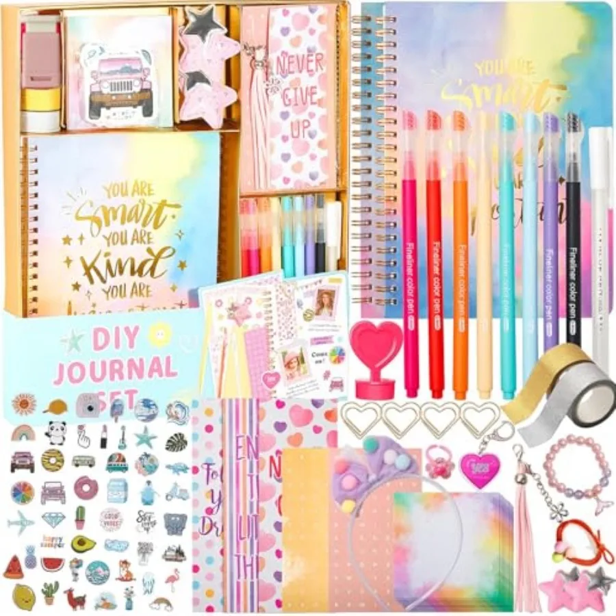 

Girls DIY Diary 54 Pcs Diary Set, Toys for Ages 6 7 8 9 10 11 12 13, DIY Stationery Set, Thin Stickers and Little Girls Daily S