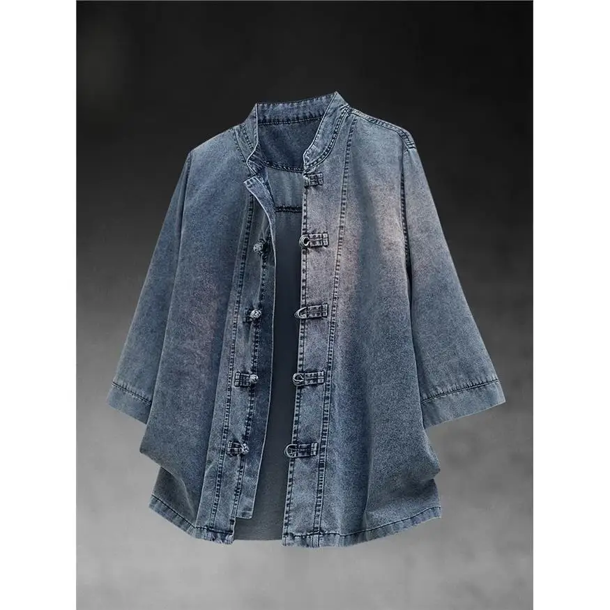 

Retro Chinese Button up Denim Shirt Men's Loose Large Size Zhongshan Suit Seven Sleeve Tea Service Top