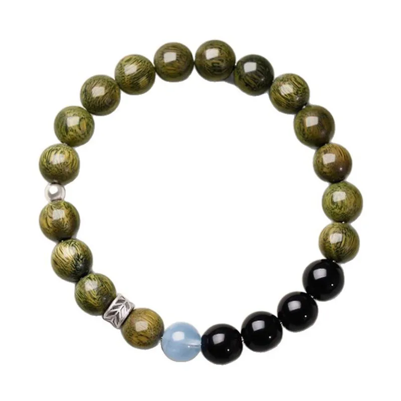 

Natural Green Sandalwood Obsidian Aquamarine Bracelets for Women Men Sandalwood Fortune Bead Valentine's Day Jewelry Gifts
