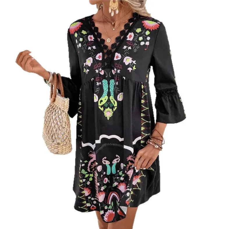 Fashion Women Loose Vintage Ruffles Befree Dress Sexy Summer Short Sleeve Lace Boho Casual Holiday Party Elegant Midi Dresses