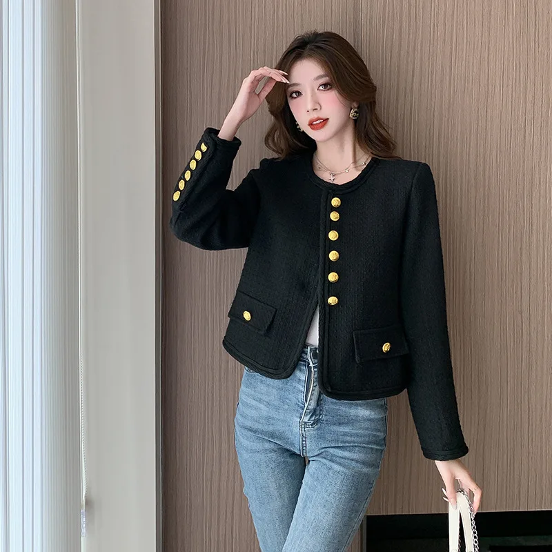 

French Long Sleeve Cardigans for Woman Fashion Solid Black O-neck Pocket Women's Coat Autumn and Winter Coat for Women New