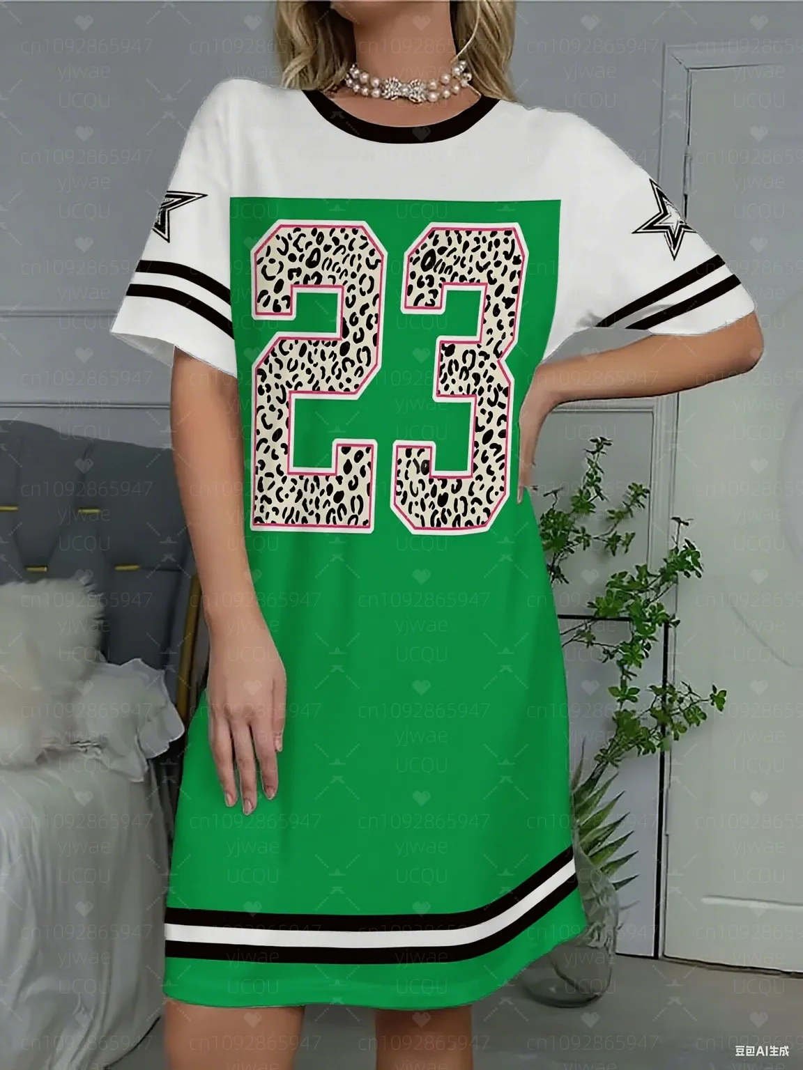 2025年夏 レディース Tシャツワンピース パジャマ風 カジュアル 23番プリント Oネック レディース半袖プルオーバーワンピース レディースナイトドレス