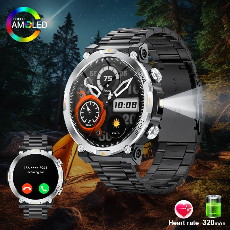 

Смарт-часы с аккумулятором 320 мАч, Bluetooth-вызовами, 100+ спортивными режимами, мужские спортивные часы с фонариком, водонепроницаемые, прочные, для активного отдыха