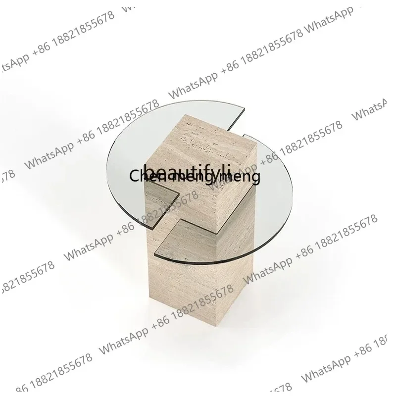 03 Modern minimalist creative natural Roman cave stone edge few designer living room sofa glass round edge table
