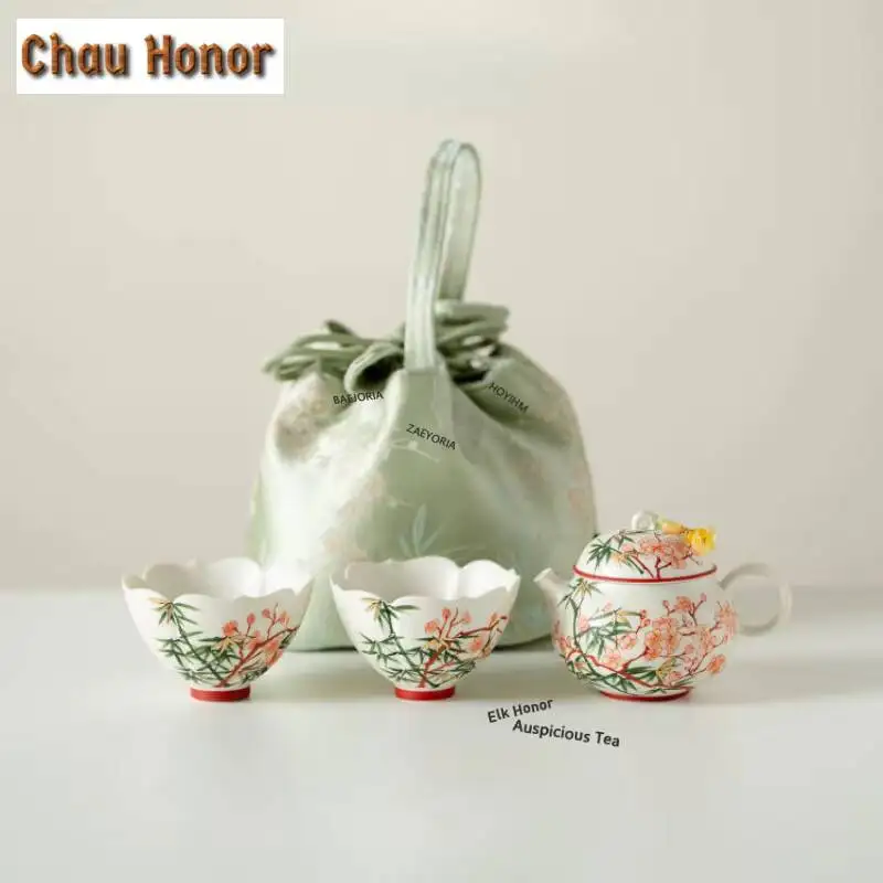 ZAEYORIA Hand-painted Bamboo Plum Blossom Travel Tea Set Kit Japanese 1 Pot 1/2 Cups Tea Making Organizer Portable Outdoor Bags
