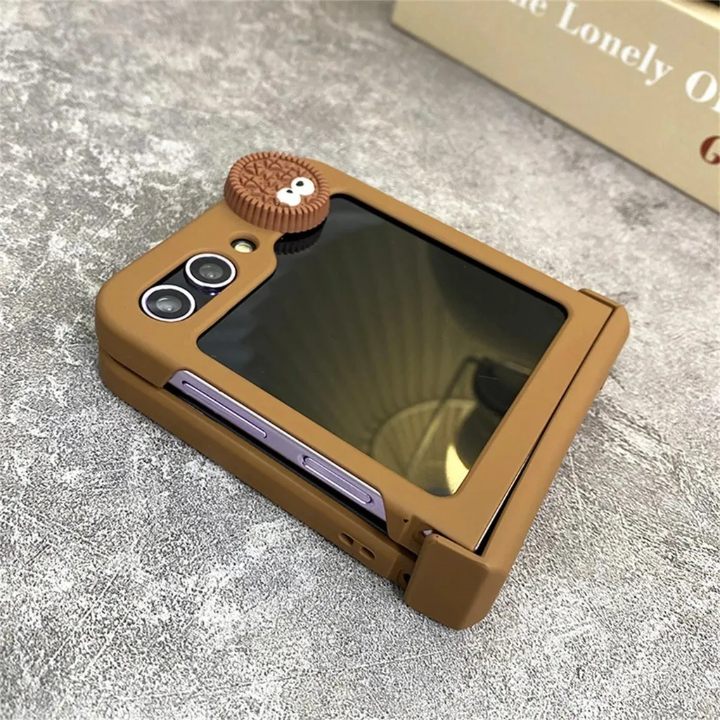 Cute Korean Portable Hand Strap Rope 3D Biscuit Cookie Brown Hinge Case For Samsung Galaxy Z Flip 6 5 4 3 5G Shockproof Cover