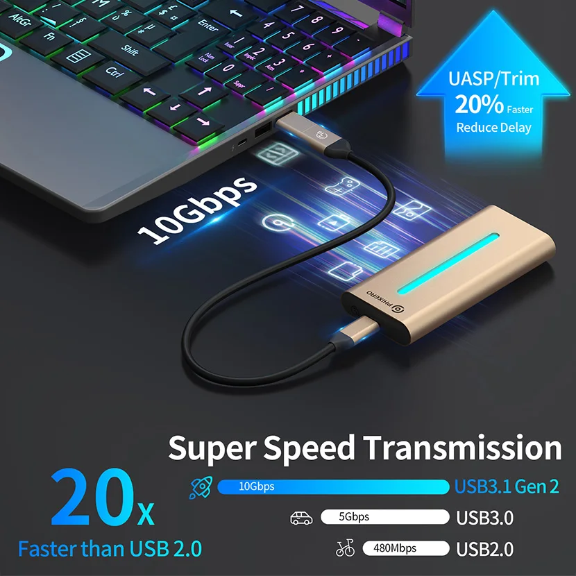 PHIXERO casing logam M2 Nvme, kotak penyimpanan penutup Hard Drive HD eksternal tipe-c USB 3.1 untuk Macbook PC Laptop Notebook