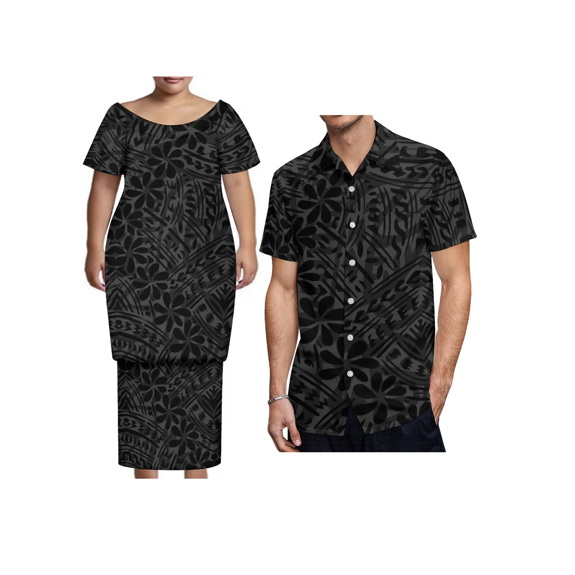 New Tonga Polynesian Short Sleeve Dress Big Size Women Button Puletasi Dress and Aloha Men Shirt Match Couple Clothes Two Piece