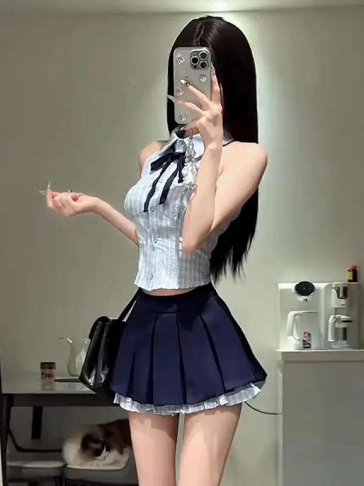 الصيف النساء نمط Preppy قطعتين مجموعة الأزرق زر مثير أكمام القوس قميص أعلى عالية الخصر المرقعة مطوي تنورة قصيرة جديد
