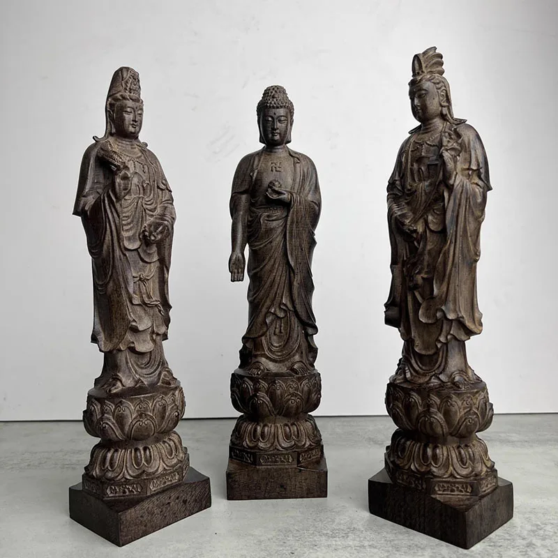 

Hand Carved Western Three Saints Buddha Statue (Amitabha, Avalokiteśvara, Mahasthamaprapta) - Solid Wood Home Decoration & Reli