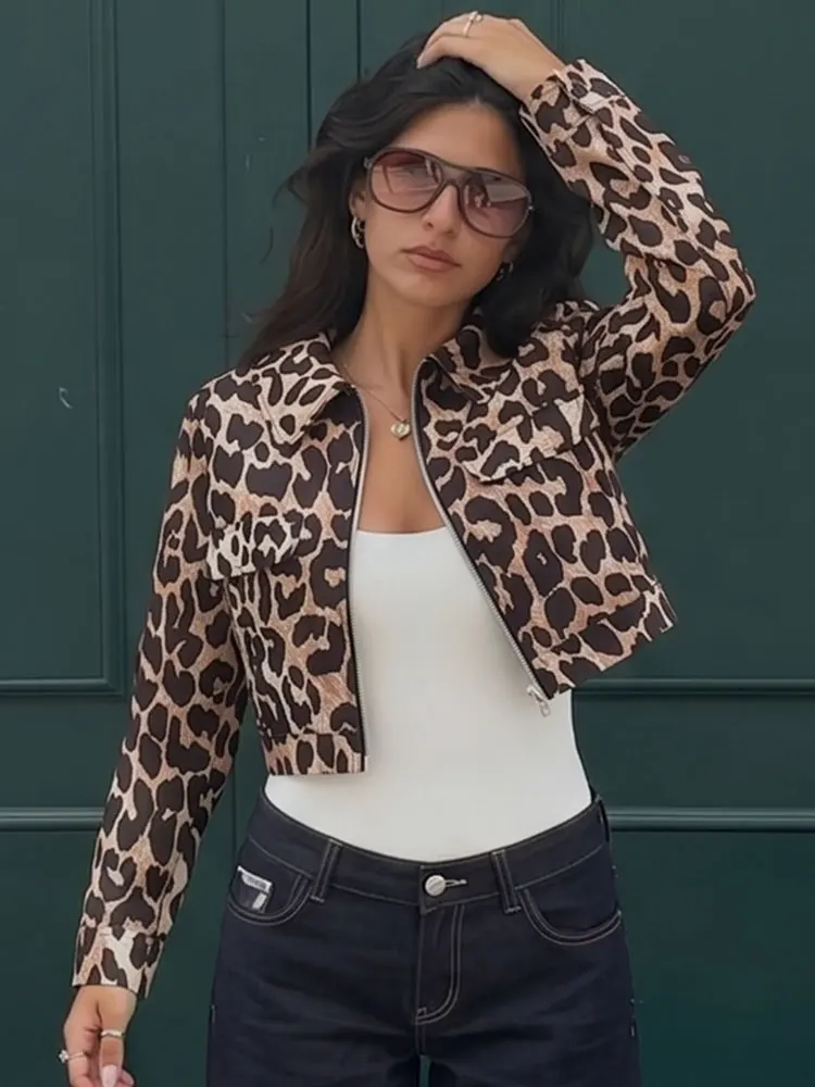 Fanan Women Leopard Print Cropped Top Zipper Long Sleeve Jackets Spring Autumn High Street Fashion Party Casual Vacation Coat