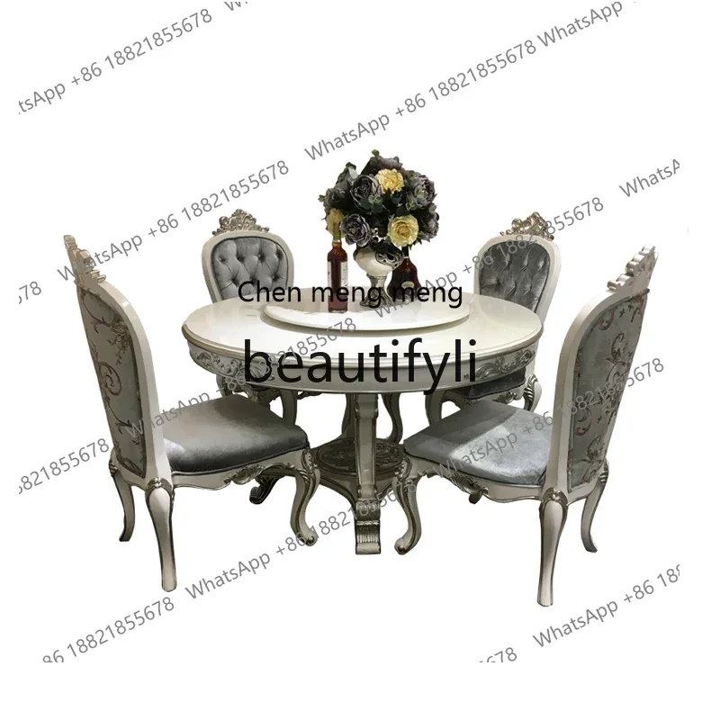 French solid wood round dining table dining chair combination chair palace simple luxury carved restaurant2936