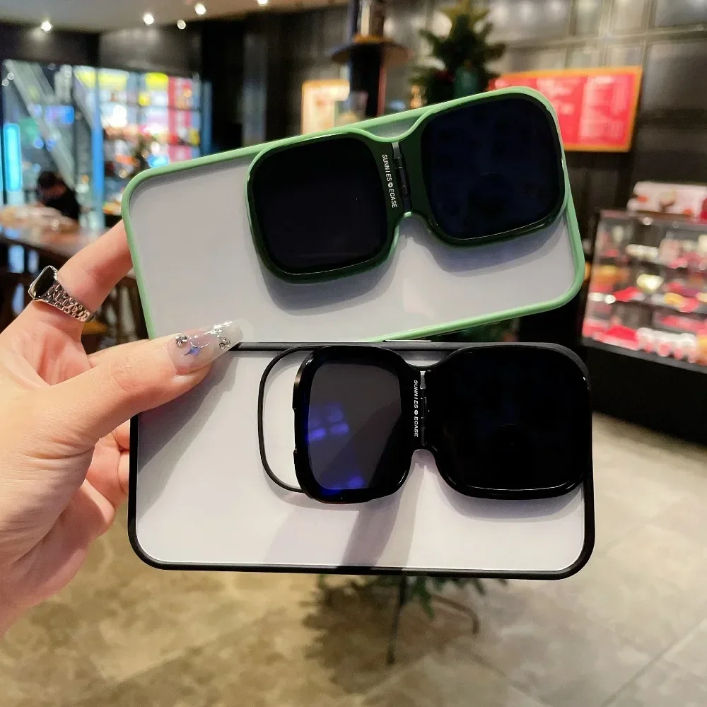 Folding Sunglass Shape Holder Phone Case For iPhone 12 13 14 15 Pro Max Lens Camera Protection Shockproof Acrylic Stand Cover