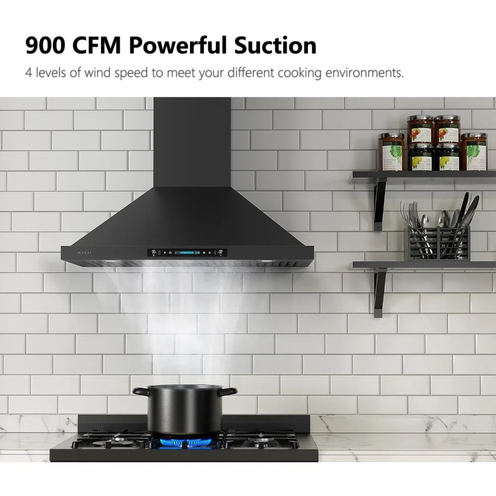 36 inch Black Wall Mount Range Hood, 900 CFM Ducted/Ductless Stainless Steel Vent Hood with Gesture Sensing & Touch Control