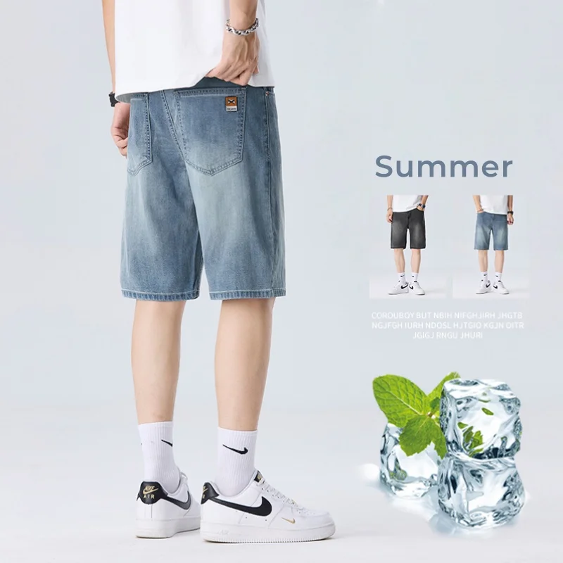 

Summer Thin Denim Shorts Men Lyocell Straight Breathable Wide Jeans Fashion Vintage Male Personality Short Pants