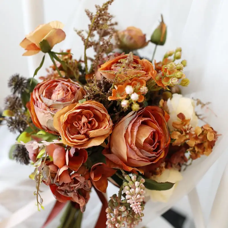 Yannew Vintage Fall Wedding Bouquet for Bride Bridesmaid Autumn Terracotta Artificial Rose Flower Bouquet for Wedding Decoration