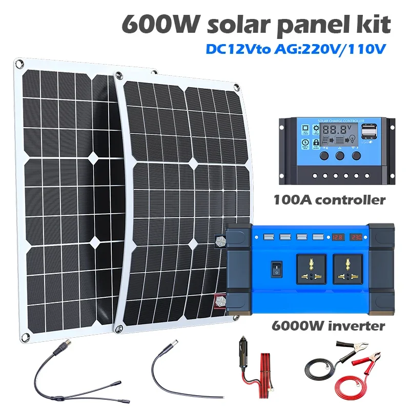 6000W Solar Power Kit 12V/110V/220V with 100A Controller - Off-Grid Inverter System for Home RV Camping Emergency Backup