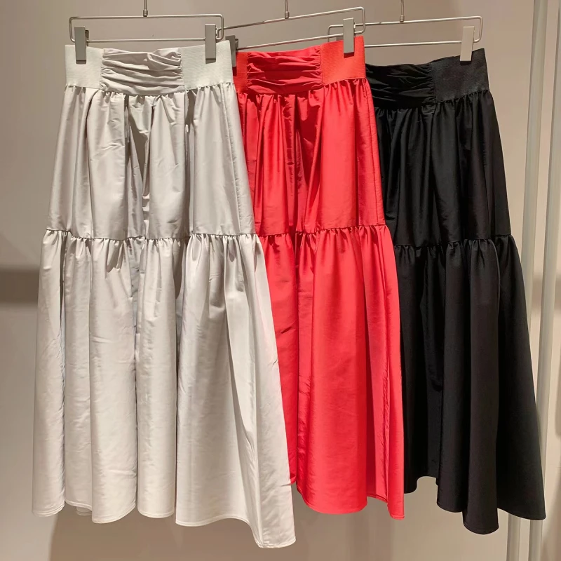 Kuzuwata Japanese Fashion High Waist All-match Skirts 2024 Spring New Long Solid Color Layered Faldas Sweet Slim Zipper Jupe