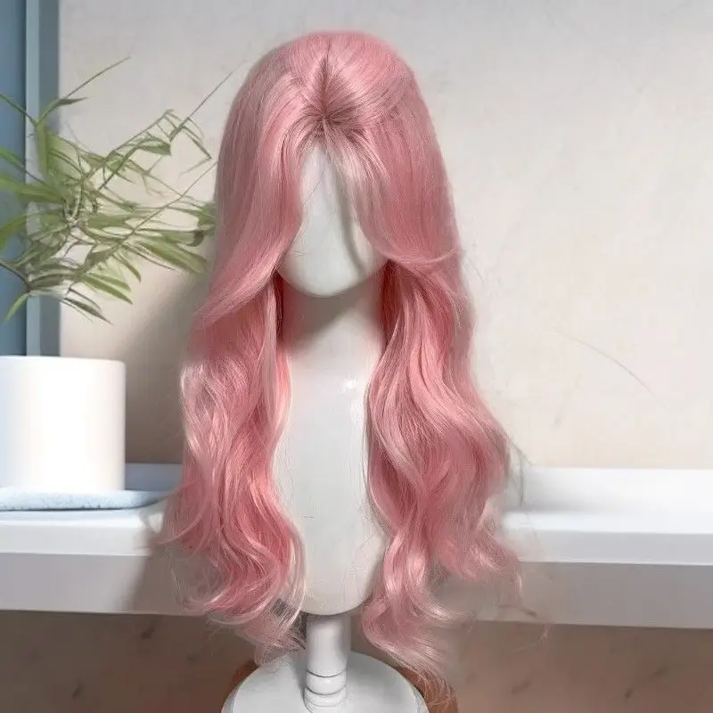 ‌ Perruque Lolita rose clair-cheveux bouclés volumineux avec partie centrale, bonnet complet synthétique d'aspect naturel, accessoires de Cosplay Kawaii