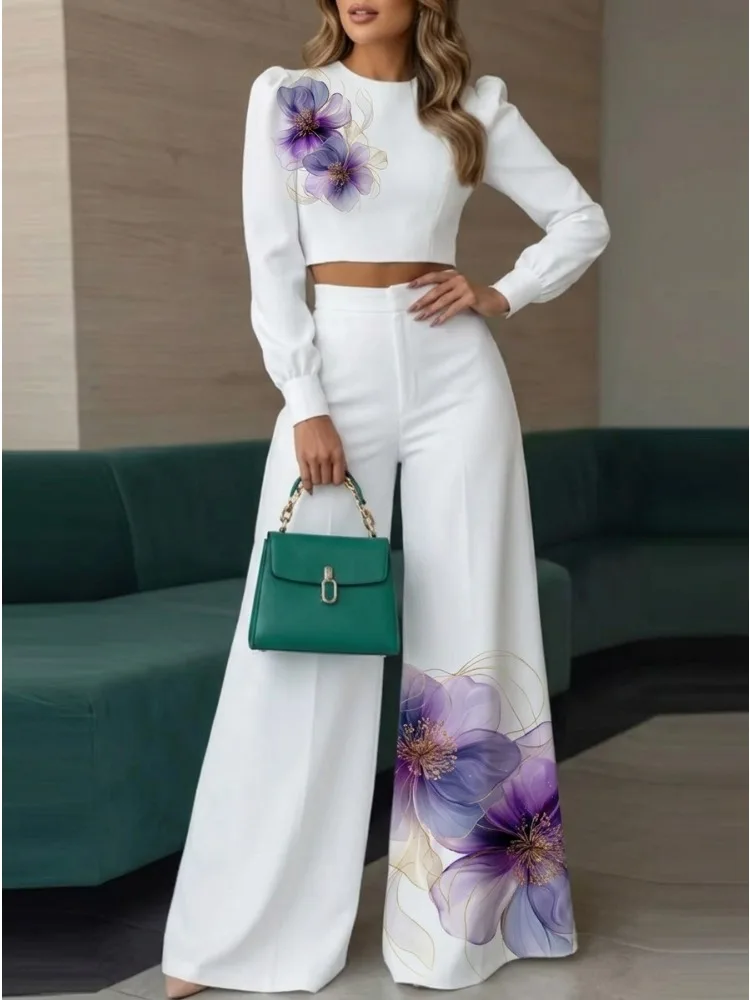 

Onecozyday Women's White Purple Floral Print 2 Piece Outfit Puff Sleeve Crop Top & High Waist Wide Leg Pants Set Casual Suit