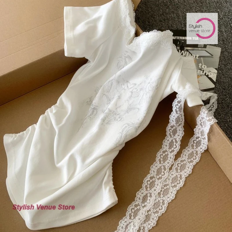 French white lace ribbon diagonal shoulder short sleeve T-shirt women's summer new sweet spice girl stitching pleated top