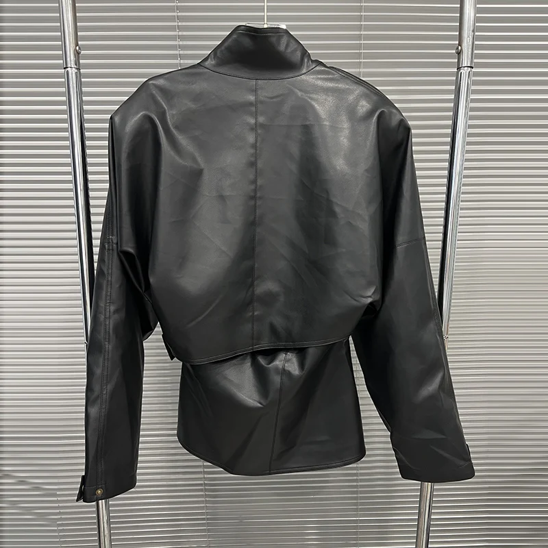 KBQ Solid Spliced Belts Tunic Loose Coats for Women Stand Collar Long Sleeve Korean Version of Casual Leather Jacket Female New