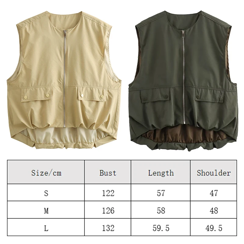 2024 New Women's Cropped Waistcoat Fashion O Neck Zipper Vest Women Sleeveless Loose Vests Coats Female Chic Pleat Tops