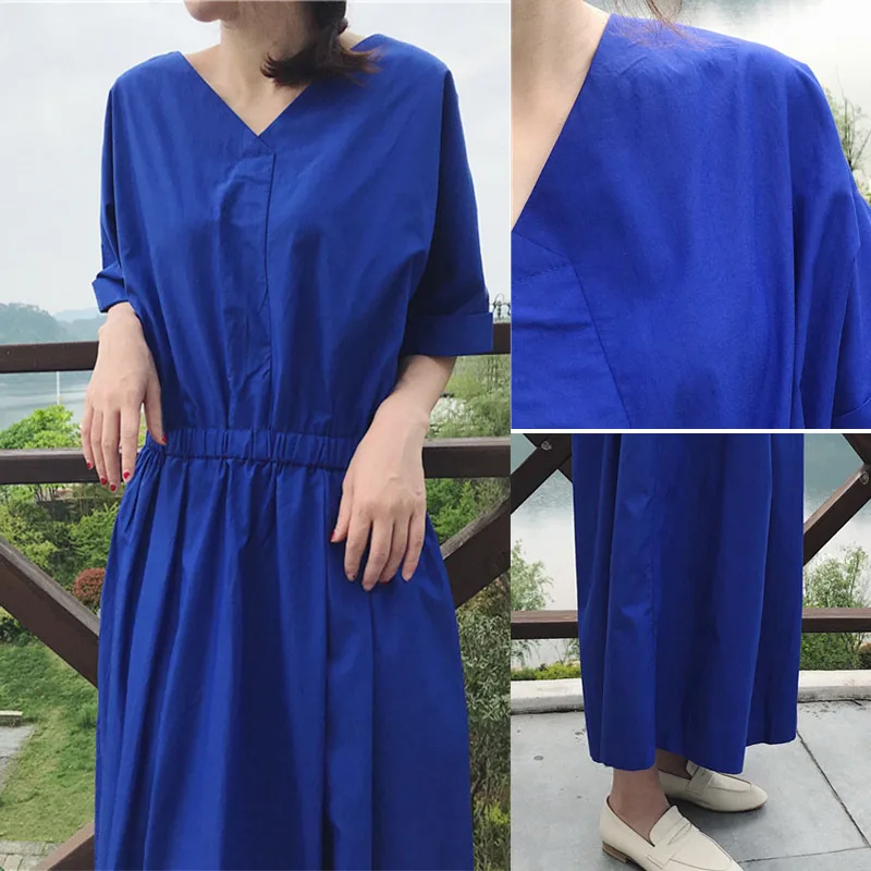 Vestido Longo de Manga Curta Azul Klein para Mulheres Verão Plus Size Ultra Longo Faionável com Cintura Ajustável Estilo Co...