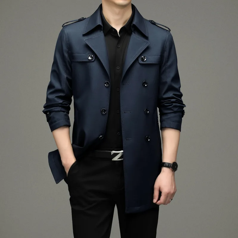 

Spring 2025 Men's Long Coat Busin Casual Mid-Aged Youth Double Breasted Suit Collar Jaet Outerwear Polyester Fiber