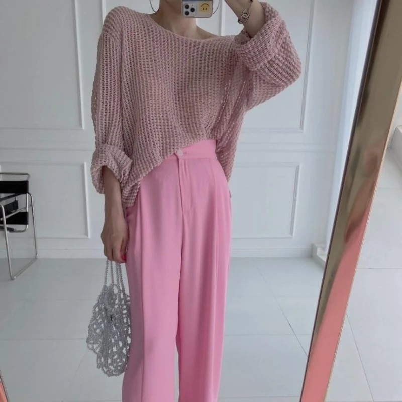 Hollow Out Pullovers Women Baggy O-neck Clothing Spring Casual Simple Elegant Vintage See-through Streetwear Lady Ulzzang Tender