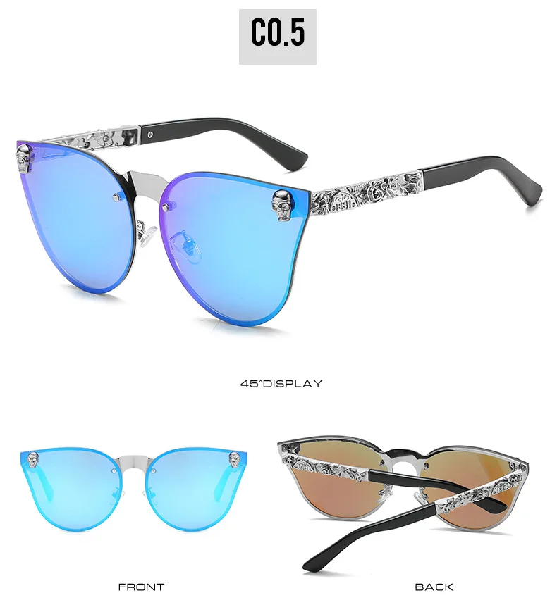Gothic Schädel Sonnenbrille Frauen Männer Cat Eye Geschnitzt Metall Persönlichkeit Randlose Reflektierende UV400 Sonnenbrille – Detail 12