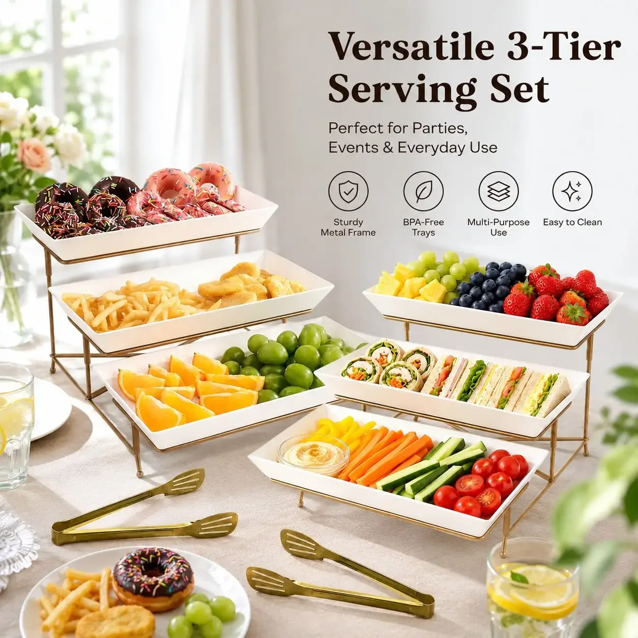 2 Sets 3-Tier Serving Trays With 2 Tongs, Gold Frame White Platters, Detachable Food Display Stand For Desserts & Parties