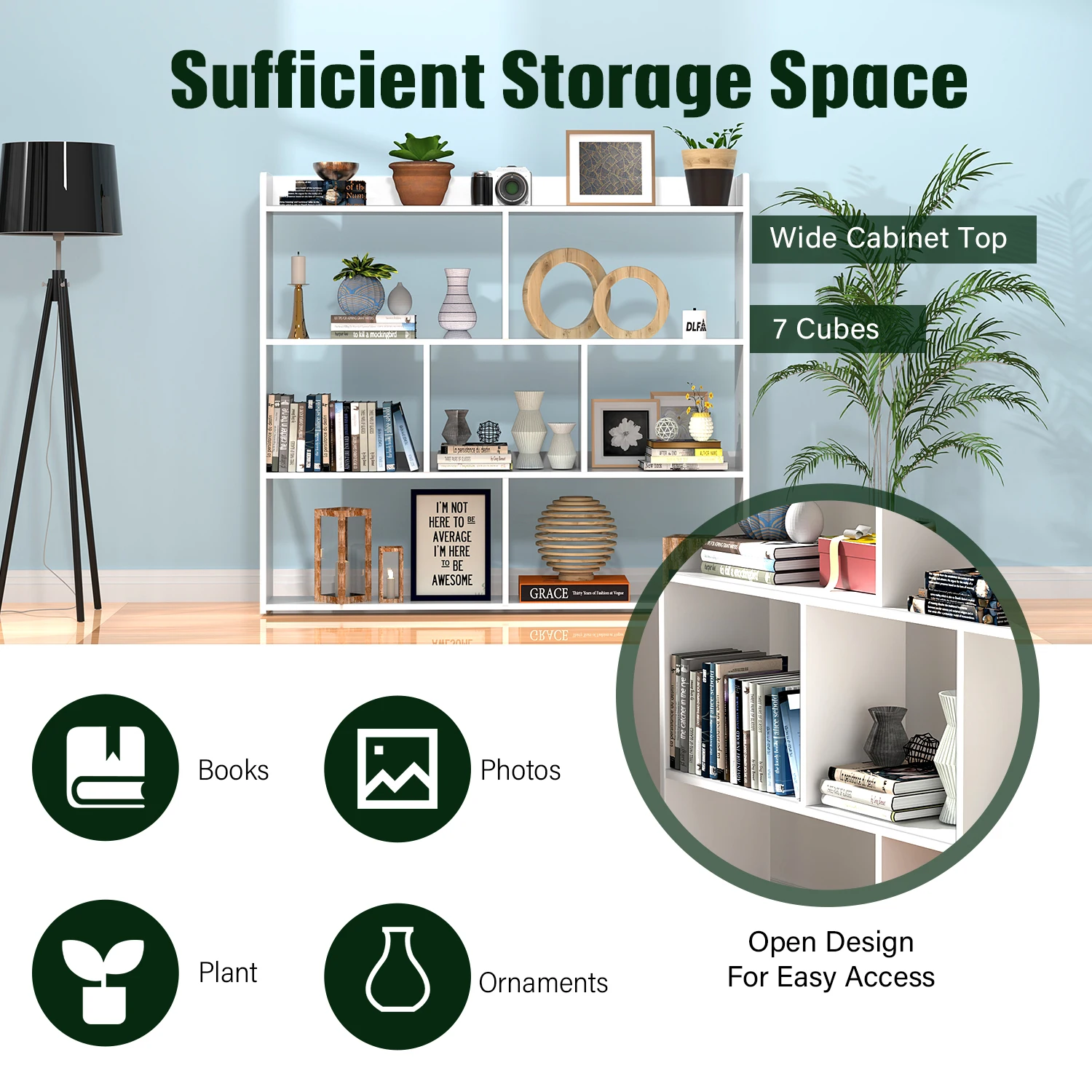 وحدة تخزين مكونة من 3 طبقات و7 مكعبات وخزانة كتب ومنظم أرفف المكاتب المنزلية باللون الأبيض