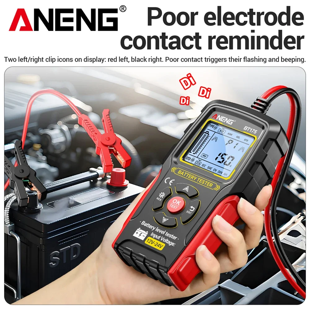 ANENG BT175 12V 24V Automotive Lead Acid Battery Tester CCA Analyzer, LCD Backlight Battery Health Detector for Car Motorcycle